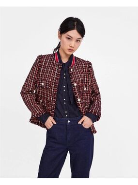 Zara tweed lady jacket red navy blazer fringe blogger favorite M